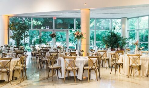 Tables set up for a wedding at the Milwaukee County Zoo