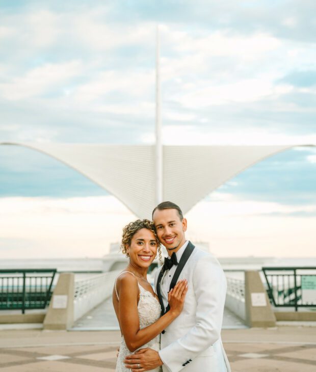 Bride and groom at Milwaukee boardwalk