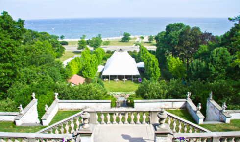 villa terrace garden with view of Lake Michigan.