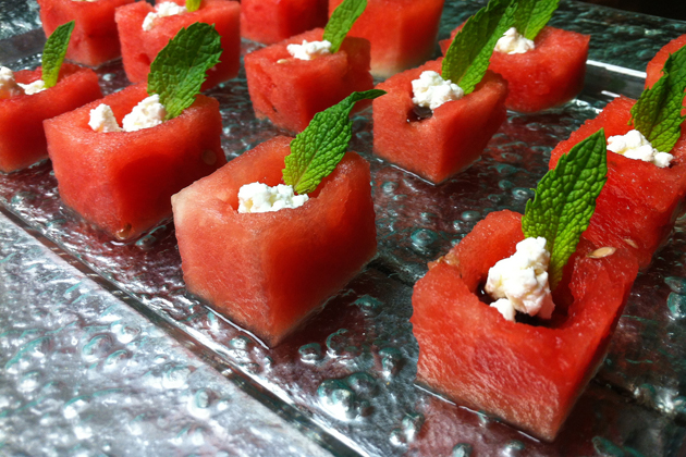 Wedding Passed Hors d’oeuvre Watermelon tower with goat cheese, micro basil and balsamic glaze
