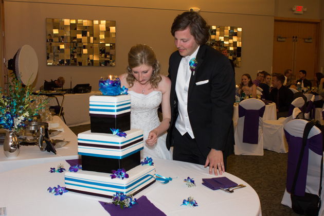 Square blue purple and white Wedding cake with bride and groom