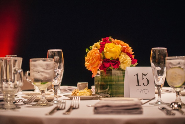 table setting and floral wedding centerpiece