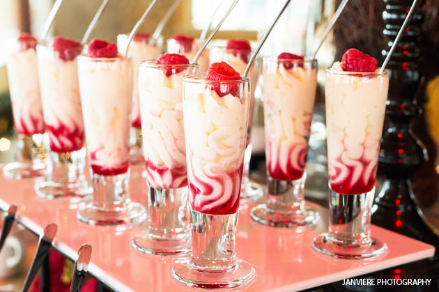 Glasses of Raspberry Cheesecake Cordial on a tray