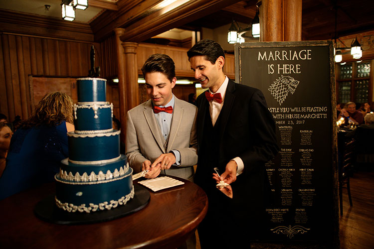 blue wedding cake by Eat Cake at a dessert station