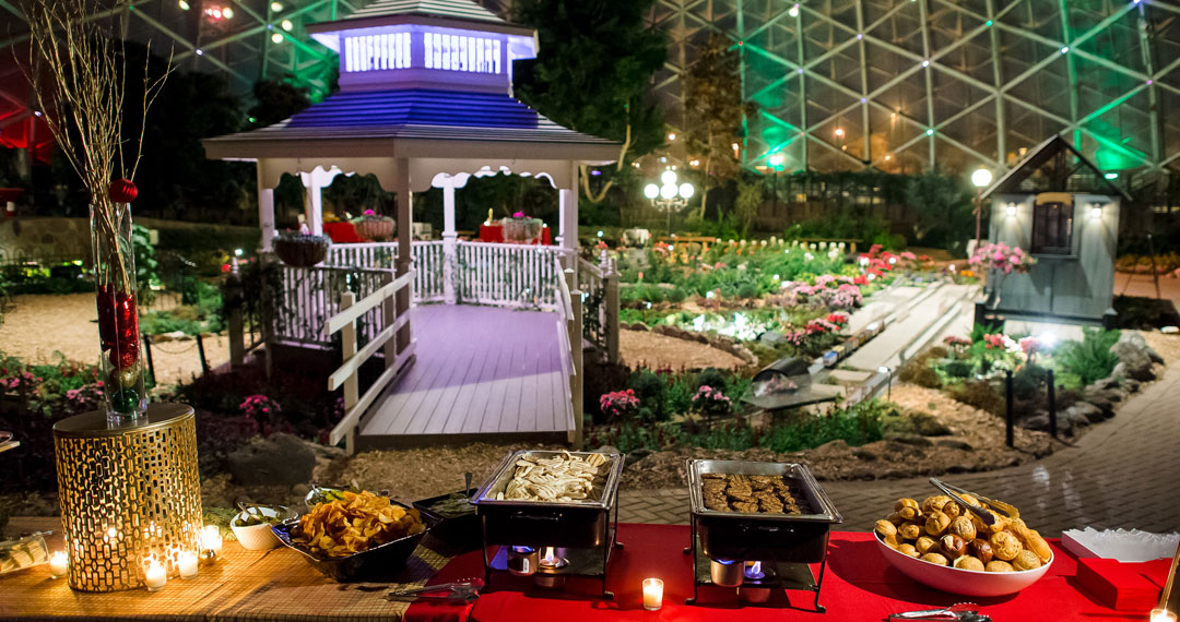 Buffet table set up inside The Domes for a holiday event