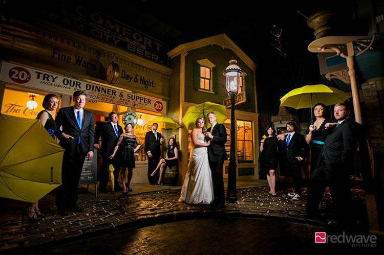 Wedding part posing in The Streets of Old Milwaukee at The Milwaukee Public Museum.
