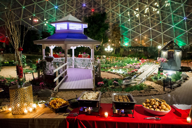 Buffet table set up inside The Domes for a holiday event