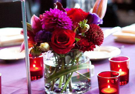 Red and purple floral centerpiece.