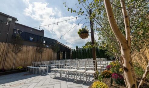 Birch patio set up for a ceremony.