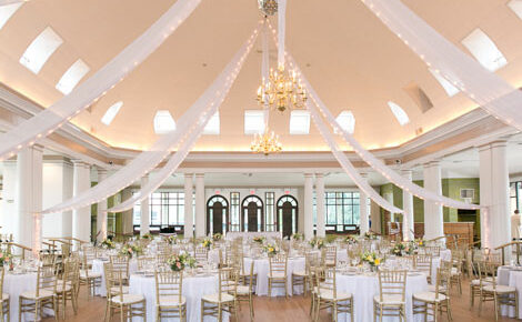 Reception tables set at Lake Geneva Riviera Ballroom