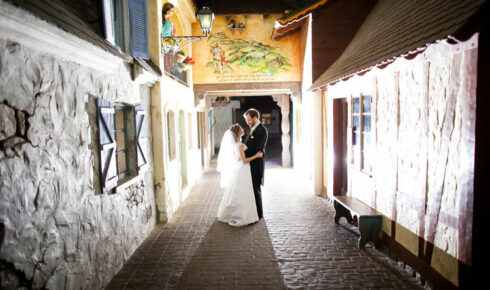 Bride and groom in The Streets of Old Milwaukee inside the Milwaukee Public Museum.