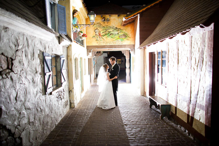 Bride and groom in The Streets of Old Milwaukee inside the Milwaukee Public Museum.