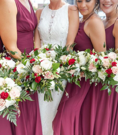 bridesmaids and bride holding bouquets