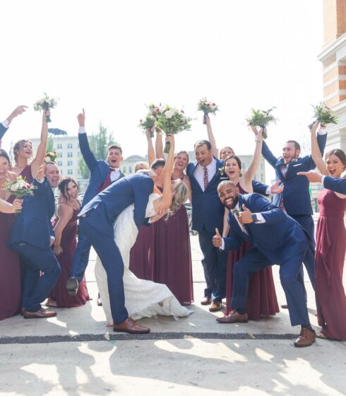 wedding party celebrating couple on wedding day