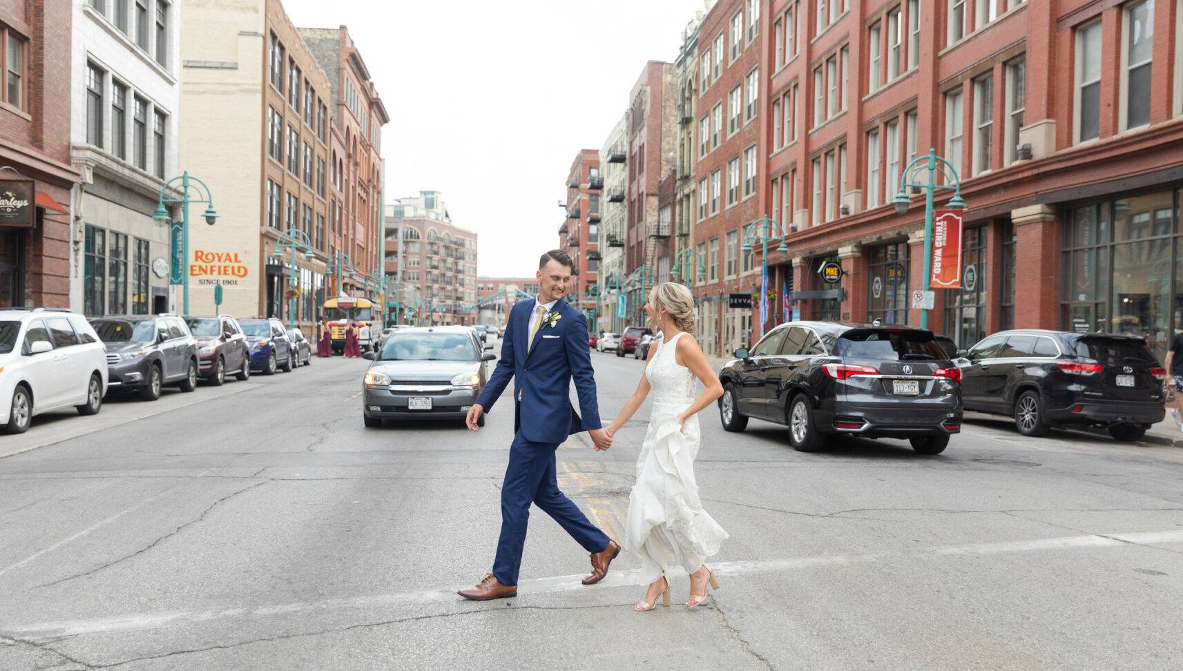 wedding couple walking down the street