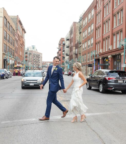 wedding couple walking down the street