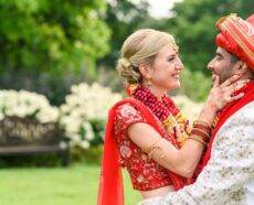 couple embracing on wedding day
