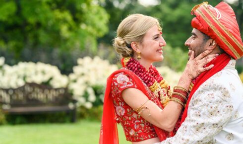 couple embracing on wedding day