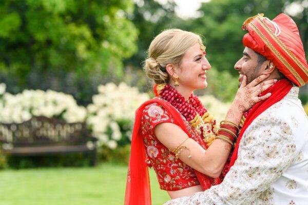 couple embracing on wedding day