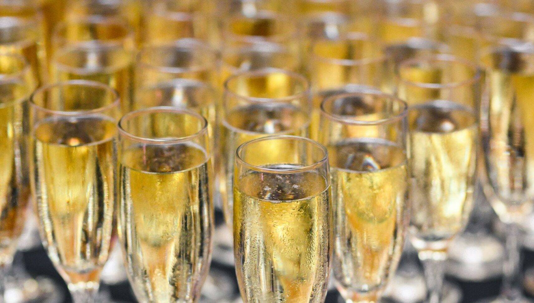 champagne glasses at wedding cocktail hour