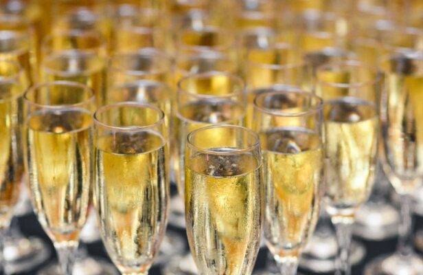 champagne glasses at wedding cocktail hour