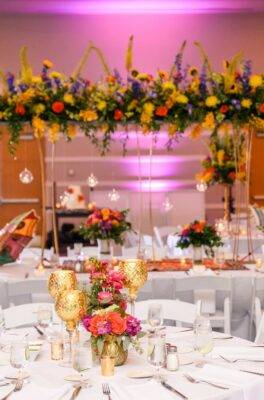 wedding reception setup with a lot of florals