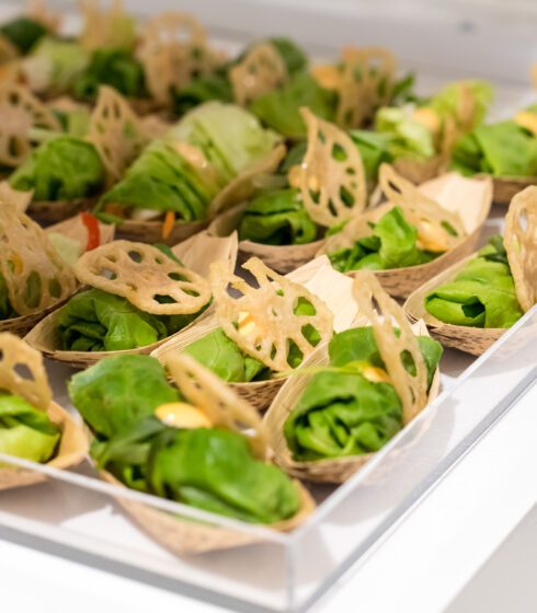 Asian appetizers in wicker boats