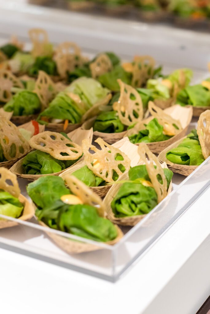 Asian appetizers in wicker boats