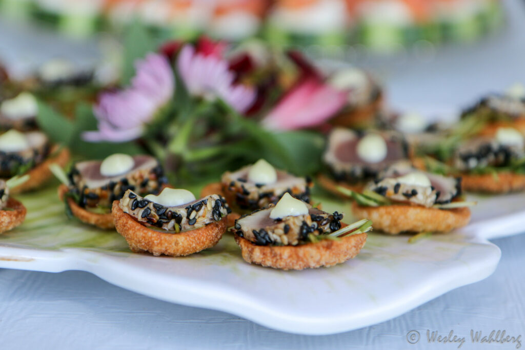 sesame ahi tuna appetizer on white tray