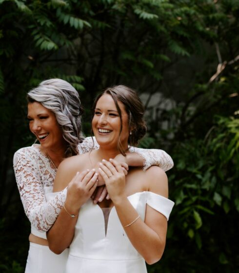 laughing couple on wedding day