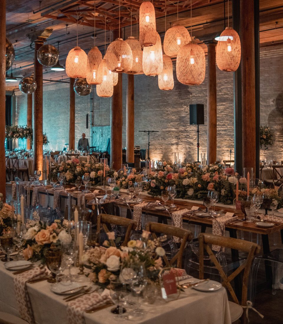 Bobo style wedding tables and hanging lights