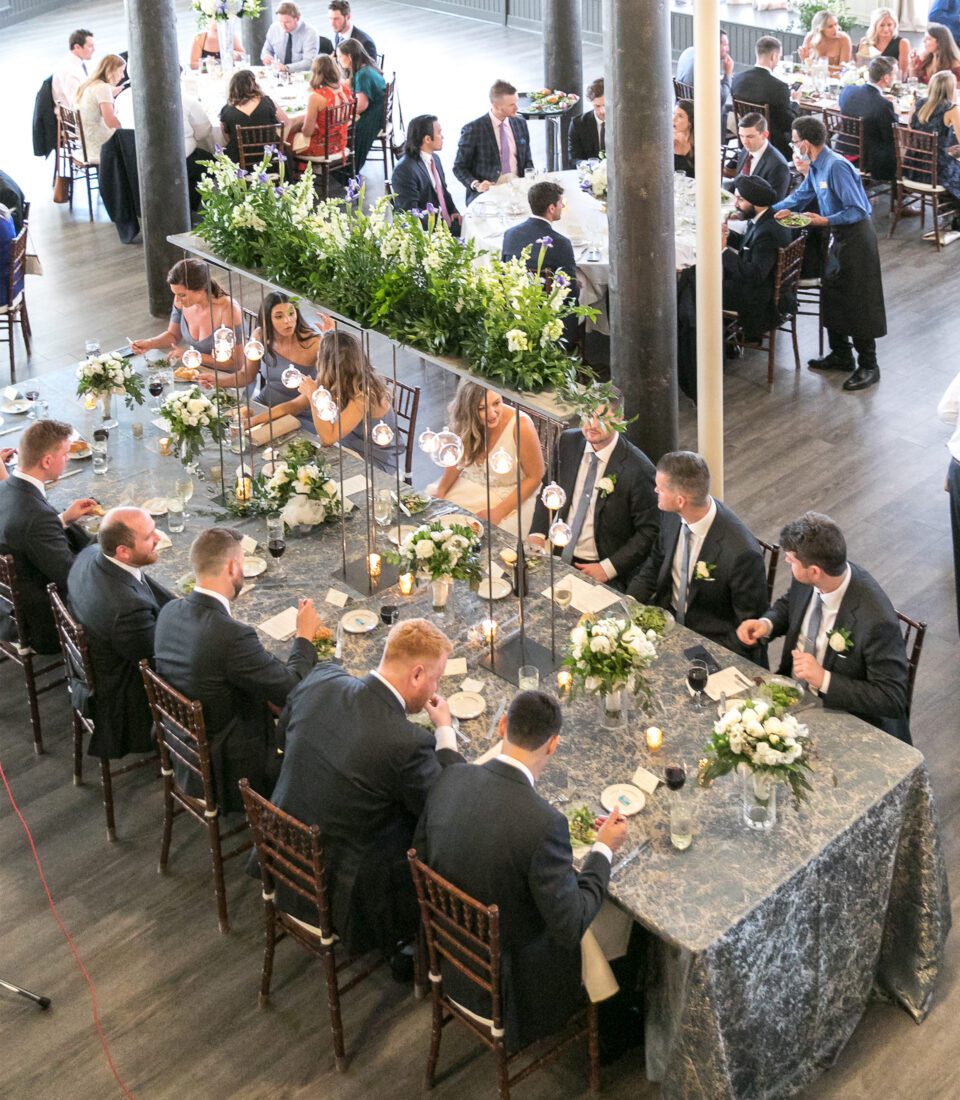 overhead shot of the head table at a wedding