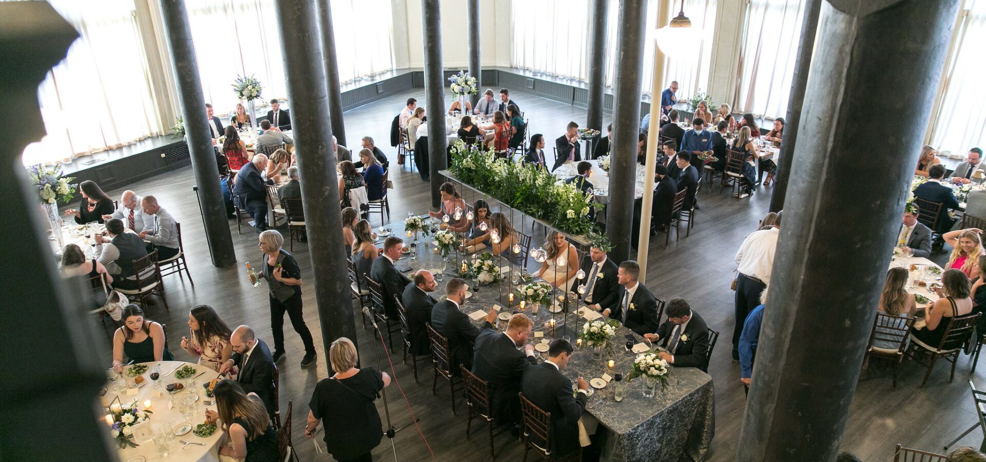 Overhead view of wedding dinner tables