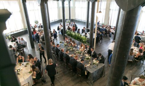 Overhead view of wedding dinner tables