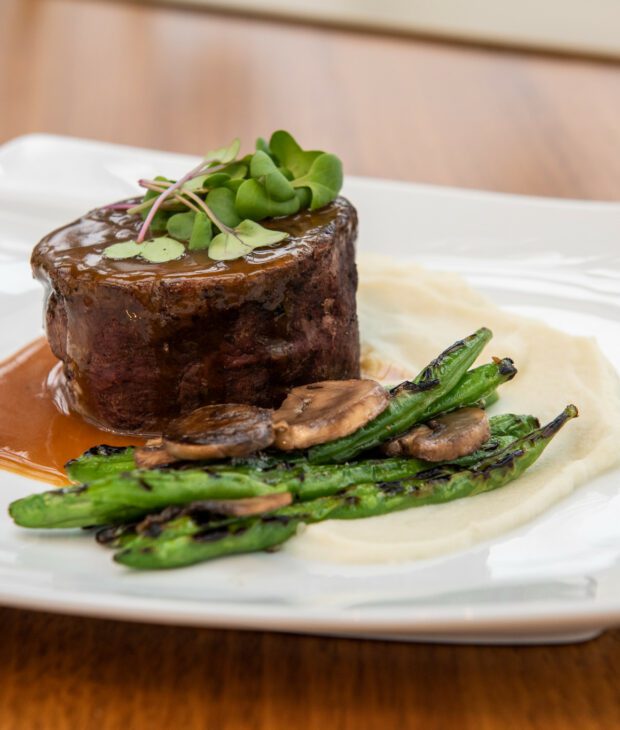 Steak and mushrooms on a plate