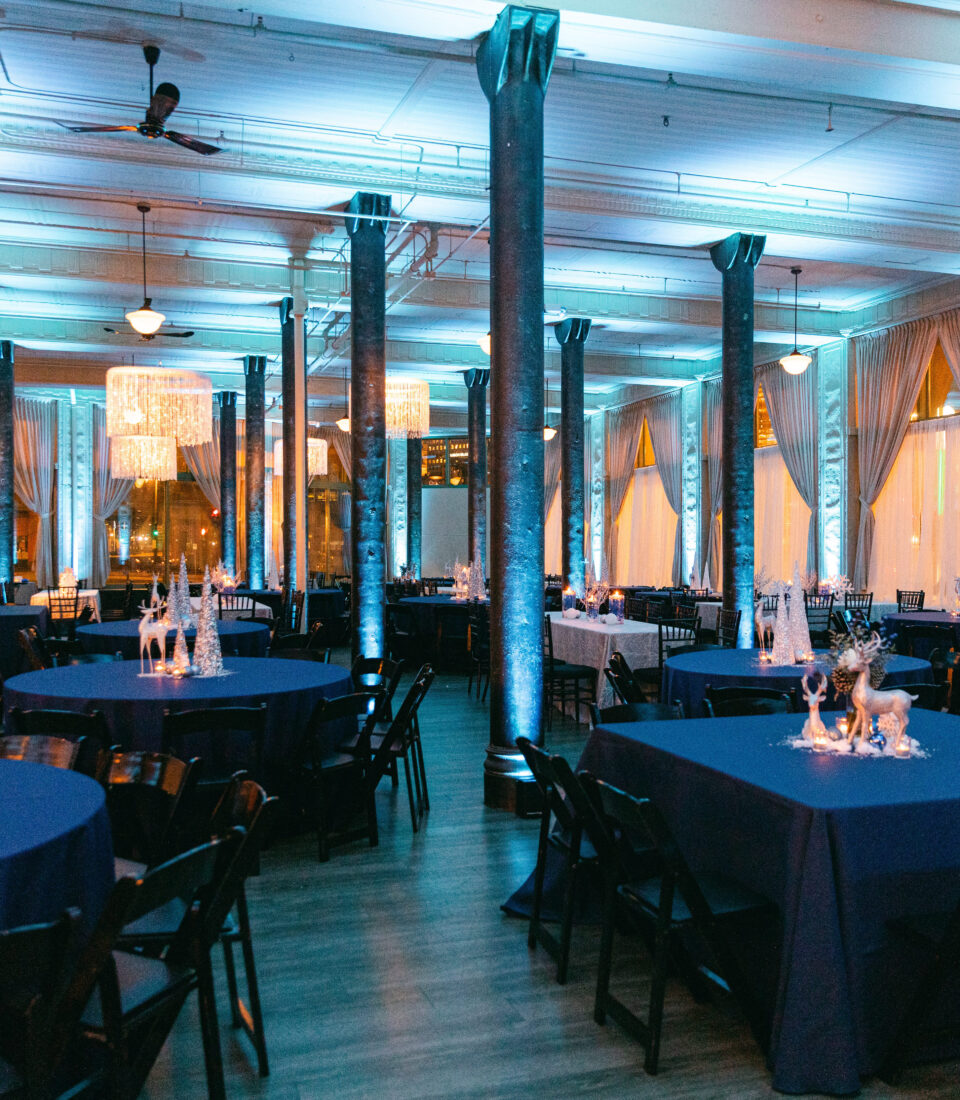 Event space decorated in blue light for a winter party